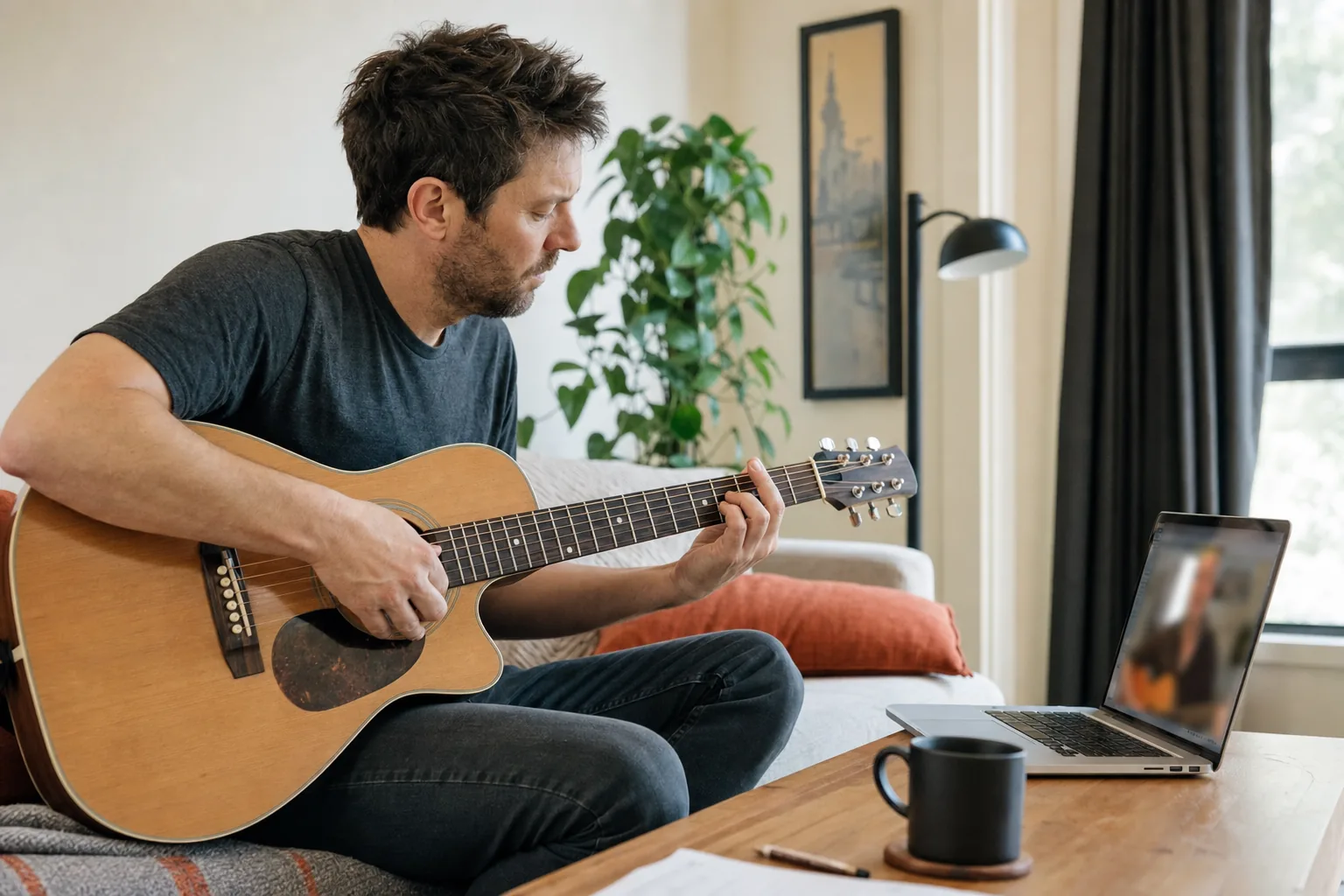 Adult student taking a live online acoustic guitar lesson at home