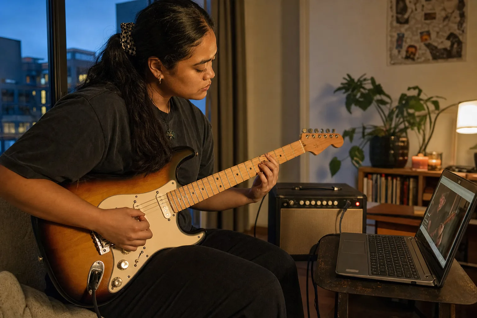 Young adult practising electric guitar during an online lesson