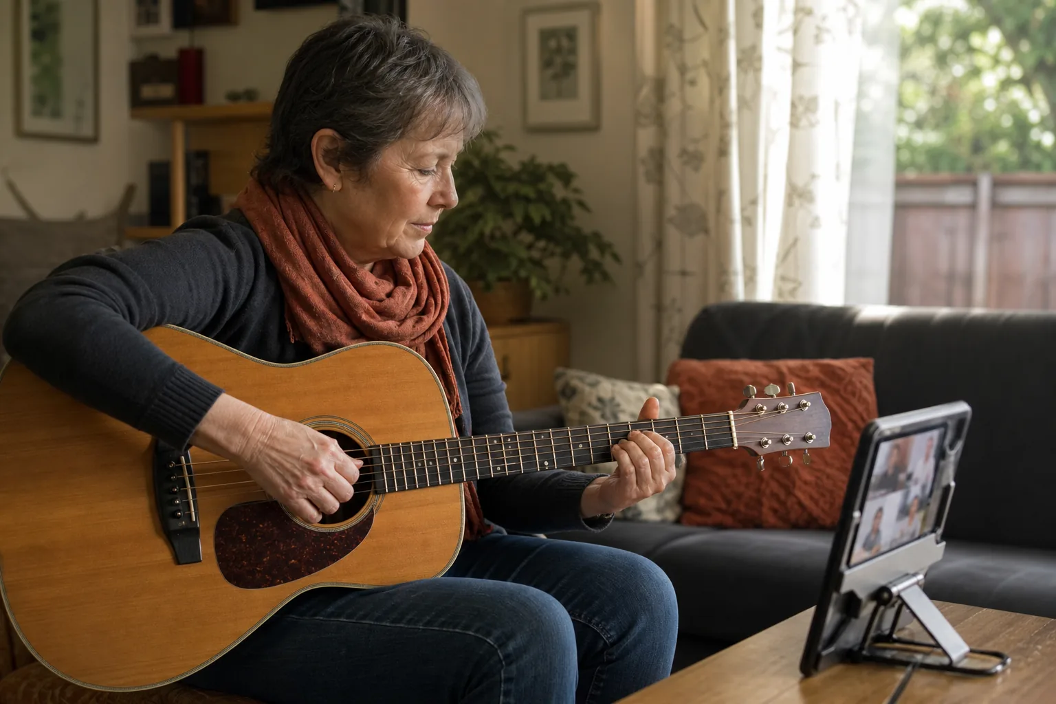 Older adult returning to acoustic guitar with online guidance