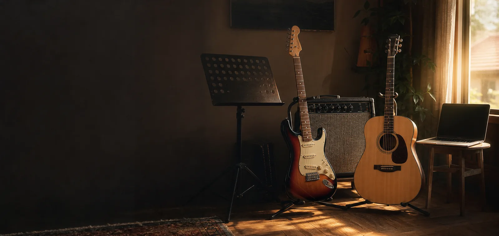 Electric and acoustic guitars prepared for a live lesson